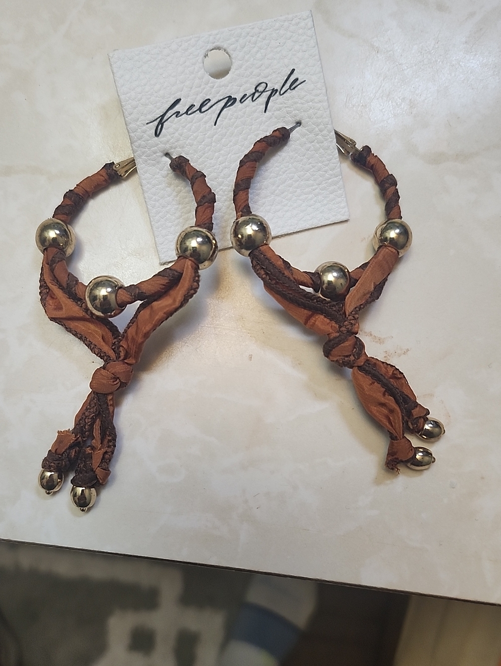 Free People Rust Braided Hoop Earrings with Gold Beads